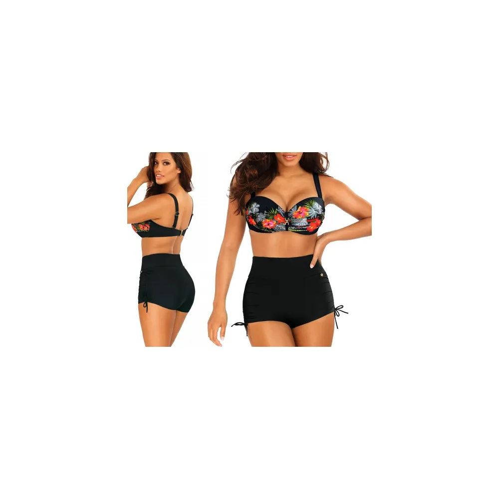 Self 780BL5 3 czerń kwiaty bikini komplet strój kąpielowy 2cz