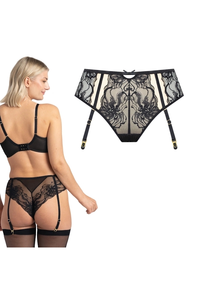 Samanta Mystery czarny M400 figi tanga z pasem do pończoch