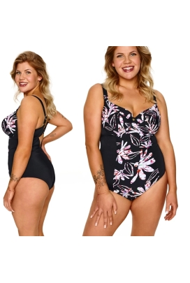 Lupo Rosa czerń kwiaty jednoczęściowy soft strój kąpielowy