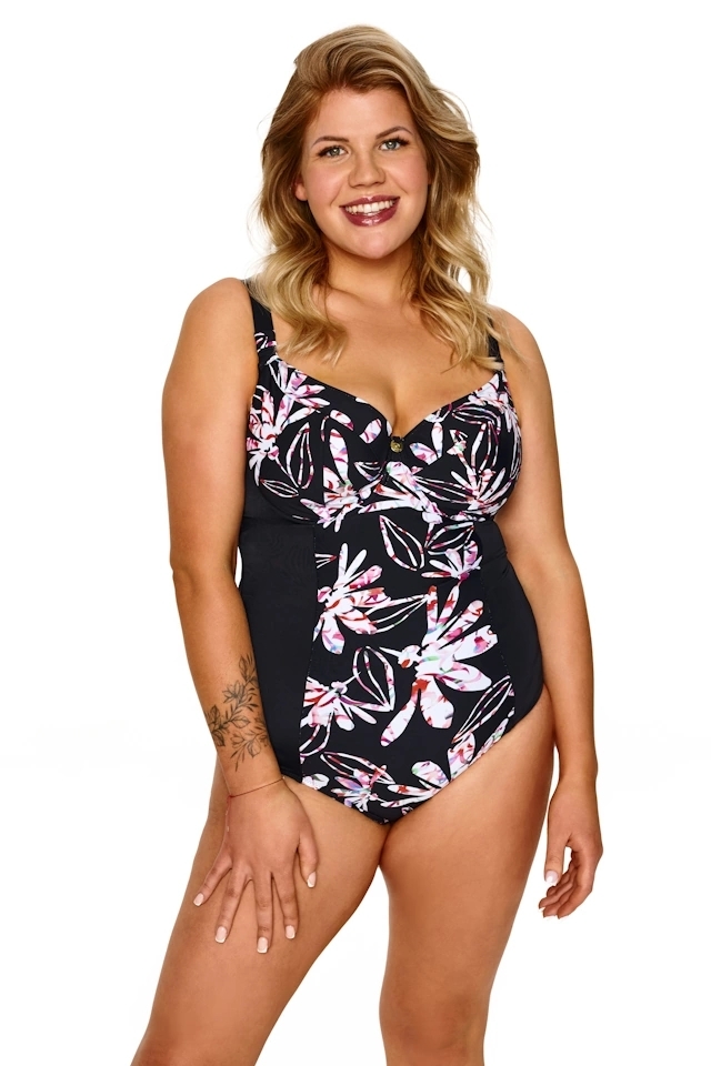 Lupo Rosa czerń kwiaty jednoczęściowy soft strój kąpielowy