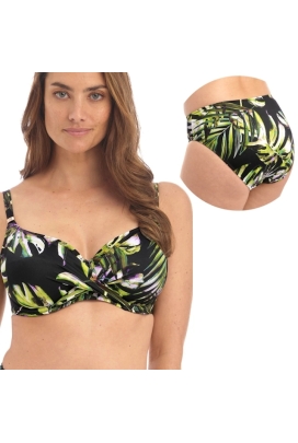 Komplet OKAZJA Fantasie Palm Valley black 36F/80G + L strój kąpielowy soft full-cup + figi klasyczne