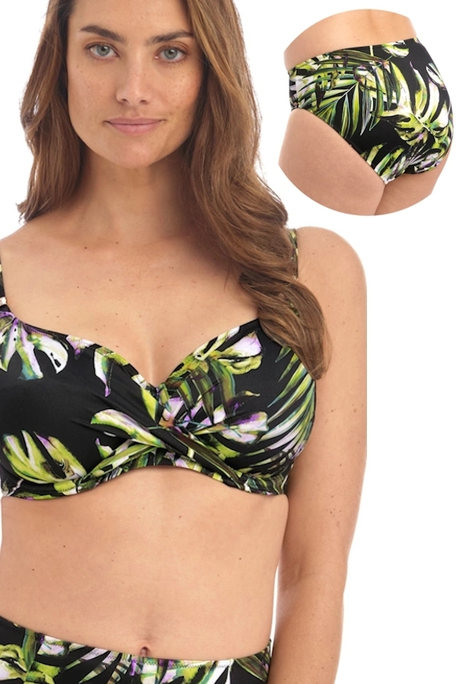 Komplet OKAZJA Fantasie Palm Valley black 36F/80G + L strój kąpielowy soft full-cup + figi klasyczne