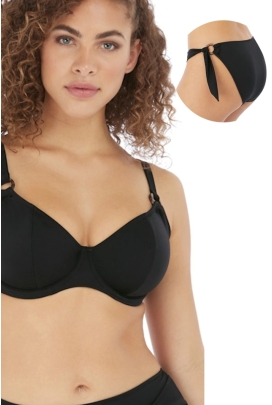 Freya Coco Wave black 36F/80G + XL strój kąpielowy komplet plunge soft + figi wiązane