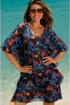 Self 26 D83T 53 Pandora czerń multi kwiaty tunika plażowa