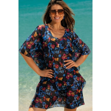 Self 26 D83T 53 Pandora czerń multi kwiaty tunika plażowa